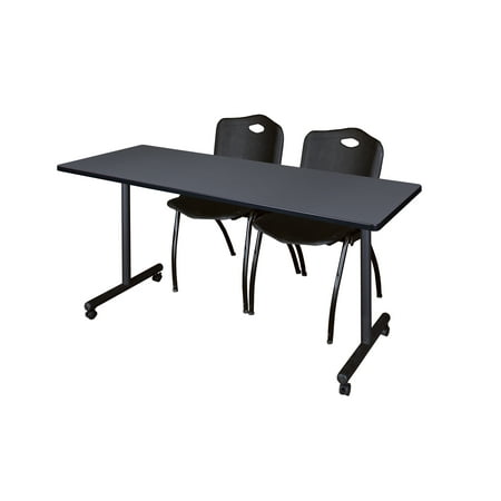 Regency Kobe 72 x 24 in. Mobile T-Base Training Table- Grey, 2 M Stack Chairs- Black