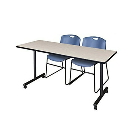 72" x 24" Kobe Mobile Training Table- Maple & 2 Zeng Stack Chairs- Blue