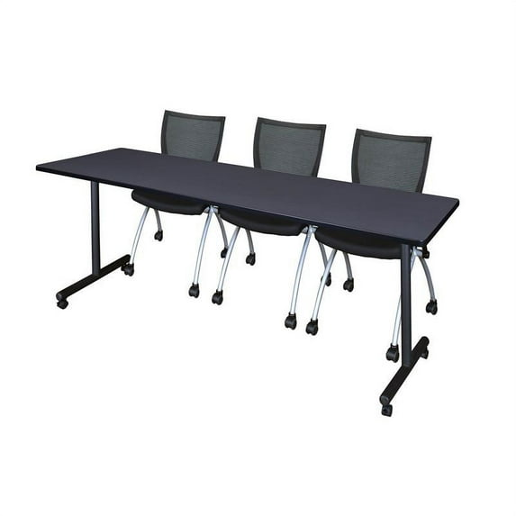 Regency 84" x 24" Kobe Mobile Training Table- Grey & 3 Apprentice Chairs- Black