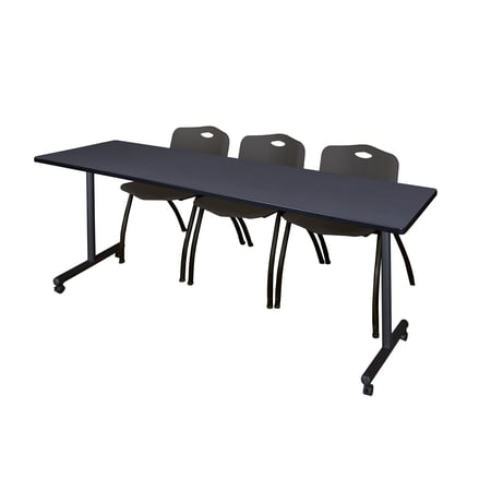 Regency Kobe 84 x 24 in. Mobile T-Base Training Table- Grey, 2 M Stack Chairs- Black