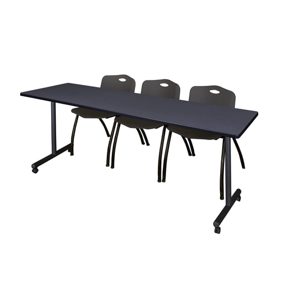 Regency Kobe 84 x 24 in. Mobile T-Base Training Table- Grey, 2 M Stack Chairs- Black