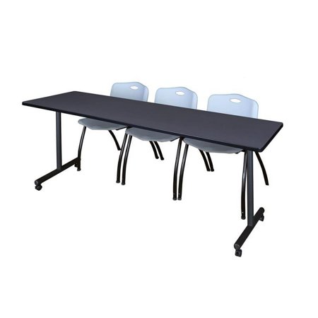 Regency 84" x 24" Kobe Mobile Training Table- Grey & 3 'M' Stack Chairs- Grey