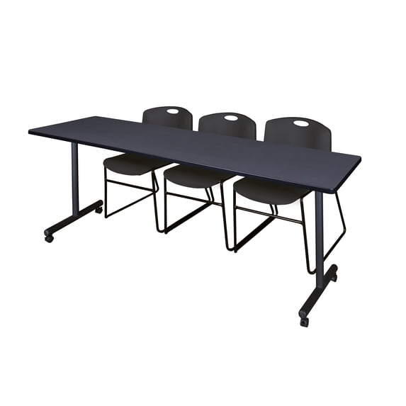 84" x 24" Kobe Mobile Training Table- Grey & 3 Zeng Stack Chairs- Black