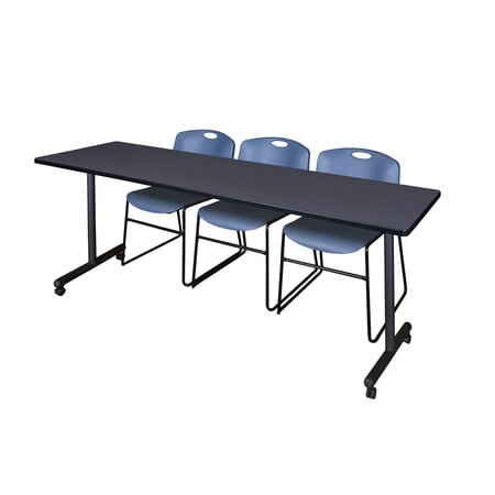 Regency Kobe 84 x 24 in. Mobile T-Base Training Table- Grey, 2 Zeng Stack Chairs- Blue
