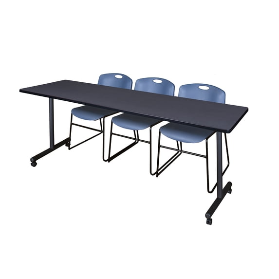 Regency Kobe 84 x 24 in. Mobile T-Base Training Table- Grey, 2 Zeng Stack Chairs- Blue