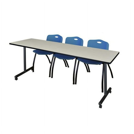 Regency 84" x 24" Kobe Mobile Training Table- Maple & 3 'M' Stack Chairs- Blue