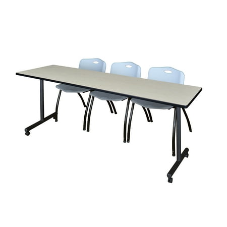 Regency Kobe 84 x 24 in. Mobile T-Base Training Table- Maple, 2 M Stack Chairs- Grey
