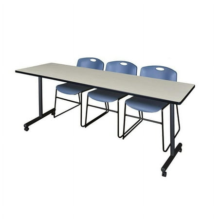 Regency 84" x 24" Kobe Mobile Training Table- Maple & 3 Zeng Stack Chairs- Blue