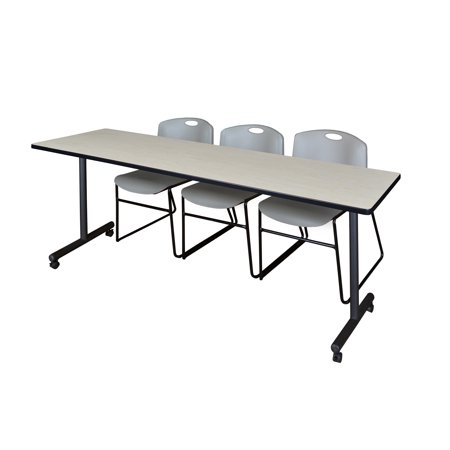 Regency Kobe 84 x 24 in. Mobile T-Base Training Table- Maple, 2 Zeng Stack Chairs- Grey