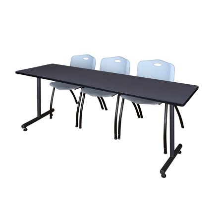 Regency Kobe 84 x 24 in. T-Base Training Seminar Table- Grey, 2 M Stack Chairs- Grey