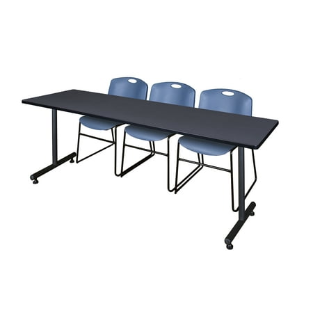 84" x 24" Kobe Training Table- Grey & 3 Zeng Stack Chairs- Blue