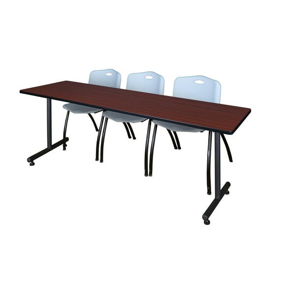 Regency Kobe 84 x 24 in. T-Base Training Seminar Table- Mahogany, 2 M Stack Chairs- Grey