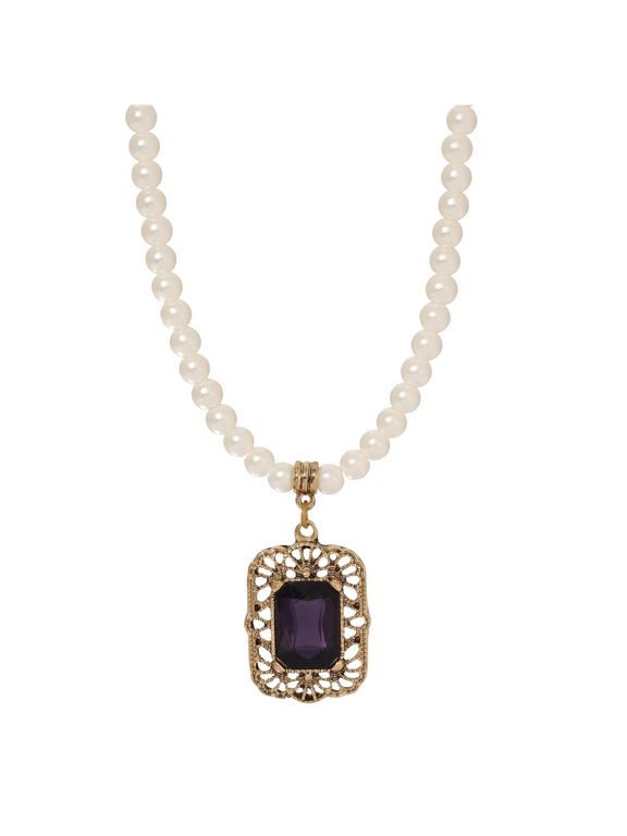 Brontë Filigree Octagon Crystal Pendant 5mm Faux Pearl Strand Necklace 15 + 3 Extender
