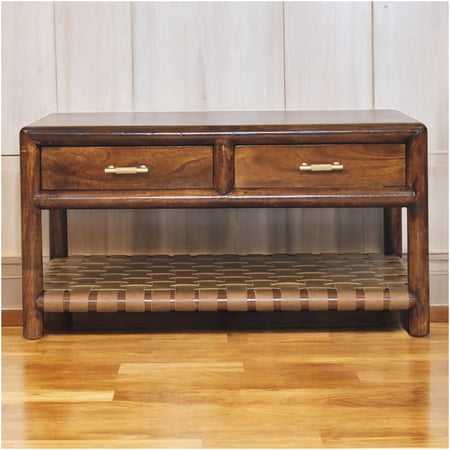 Regency Brown Woven Console Table with 4 Drawers, Solid Wood Entryway Sofa Table with Brass Handles