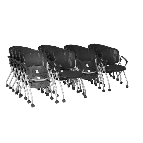 Regency Cadence Flexible High-Back Nesting Chair with Padded Fabric Seat – Breathable Mesh, Flip-Up Seat & Casters for Training Rooms, Classrooms & Offices (20-Pack, Black)