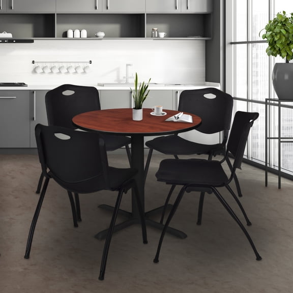 Regency Cain Small 30 in. Round X-Base Breakroom Table- Cherry & 4 M Stack Chairs- Black