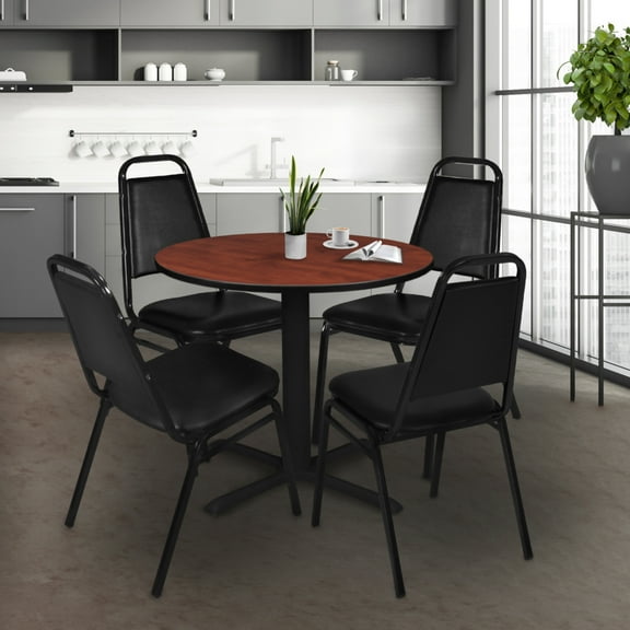 Regency Cain Small 30 in. Round X-Base Breakroom Table- Cherry & 4 Restaurant Stack Chairs- Black