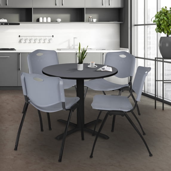 Regency Cain Small 30 in. Round X-Base Breakroom Table- Grey & 4 M Stack Chairs- Grey