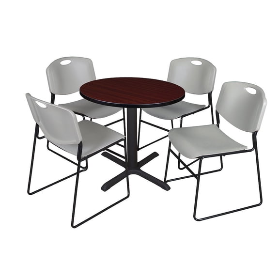 Regency Small 30 in. Round X-Base Breakroom Table- Mahogany & 4 Zeng Stack Chairs- Grey