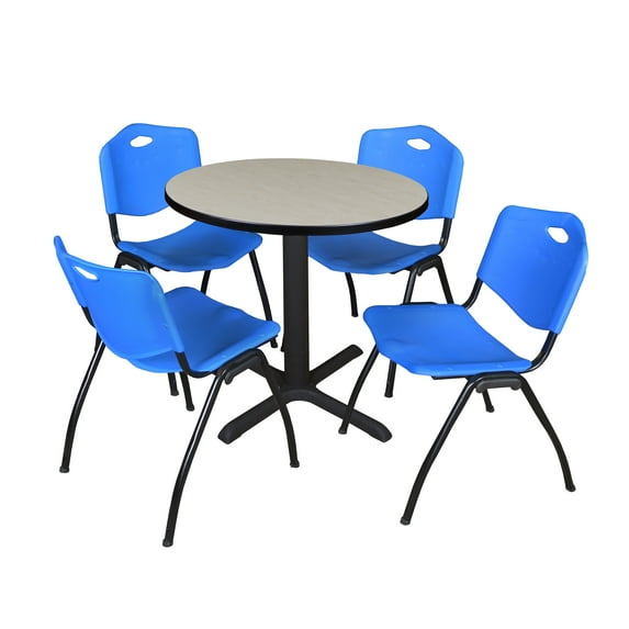 Regency Cain Small 30 in. Round X-Base Breakroom Table- Maple & 4 M Stack Chairs- Blue