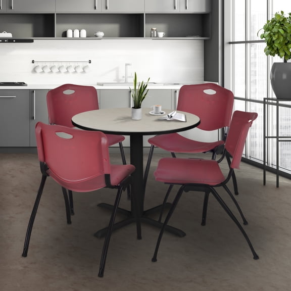 Regency Cain Small 30 in. Round X-Base Breakroom Table- Maple & 4 M Stack Chairs- Burgundy