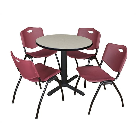 Regency Cain 30" Round Breakroom Table- Maple & 4 'M' Stack Chairs- Burgundy