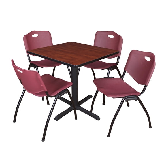 Regency Cain Small 30 in. Square X-Base Breakroom Table- Cherry & 4 M Stack Chairs- Burgundy