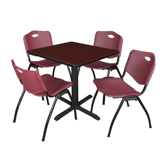 Cain 30" Square Breakroom Table- Mahogany & 4 'M' Stack Chairs- Burgundy