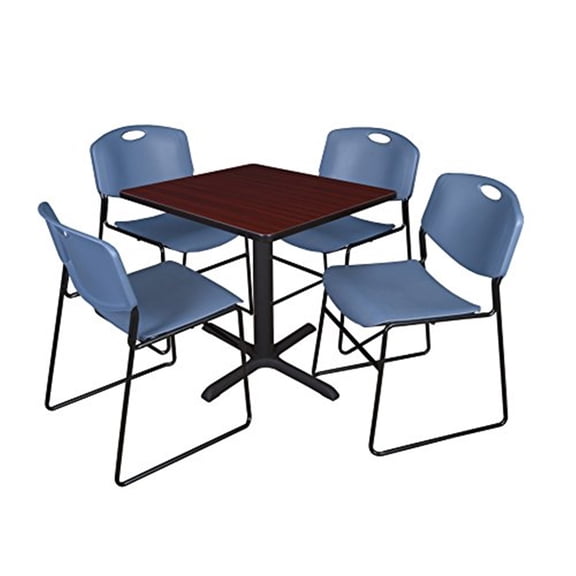 Cain 30in. Square Breakroom Table- Mahogany & 4 Zeng Stack Chairs- Blue