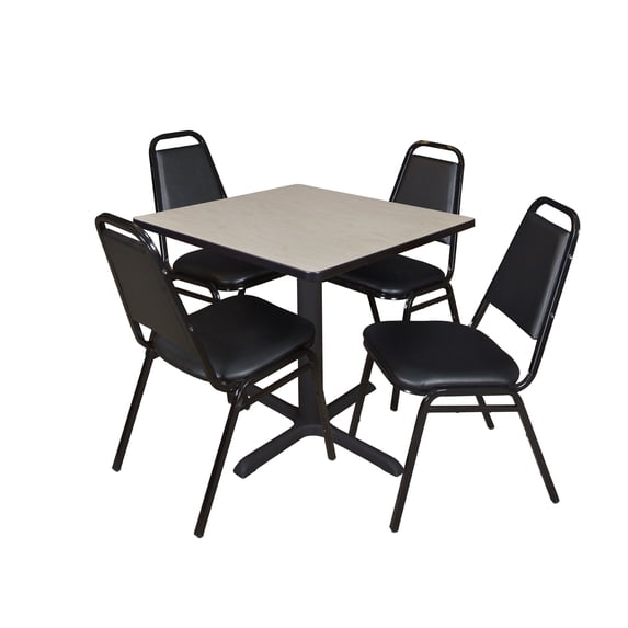 Regency Cain Small 30 in. Square X-Base Breakroom Table- Maple & 4 Restaurant Stack Chairs- Black