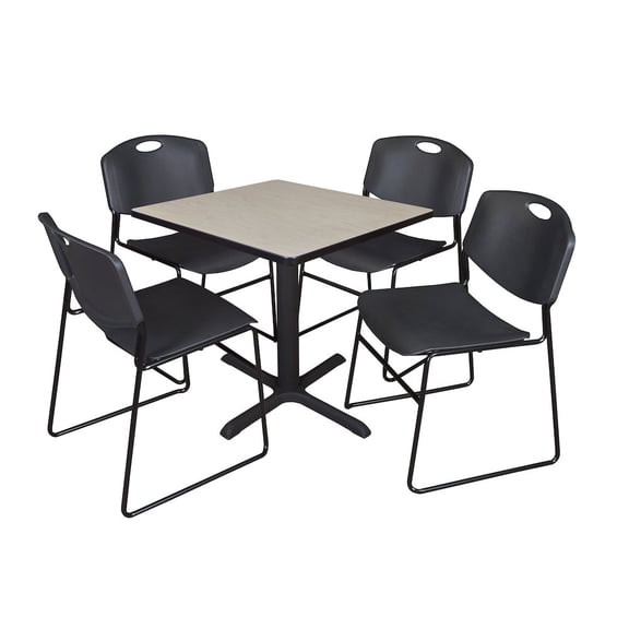 Regency Cain Small 30 in. Square X-Base Breakroom Table- Maple & 4 Zeng Stack Chairs- Black
