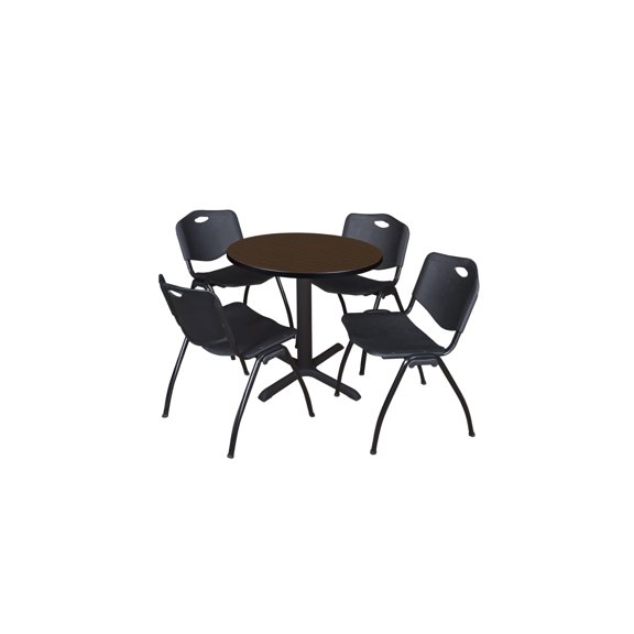 Regency Cain 30 in. Round Breakroom Table- Neo Walnut & 4 M Stack Chairs- Black