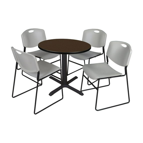 Regency Cain 30 in. Round Breakroom Table- Neo Walnut & 4 Zeng Stack Chairs- Grey