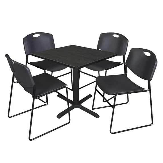Cain 30 in. Square Breakroom Table- Ash Grey & 4 Zeng Stack Chairs- Black