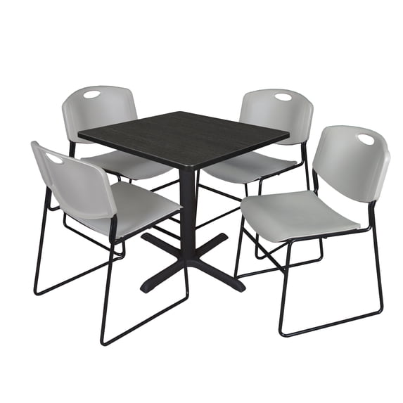 Regency Cain 30 in. Square Breakroom Table- Ash Grey & 4 Zeng Stack Chairs- Grey