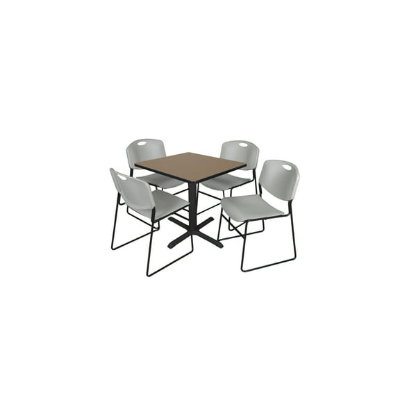 Regency Cain 30 in. Square Breakroom Table- Noble Oak & 4 Zeng Stack Chairs- Grey