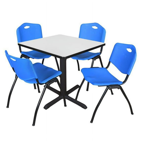 Regency Cain 30 in. Square Breakroom Table- White & 4 M Stack Chairs- Blue