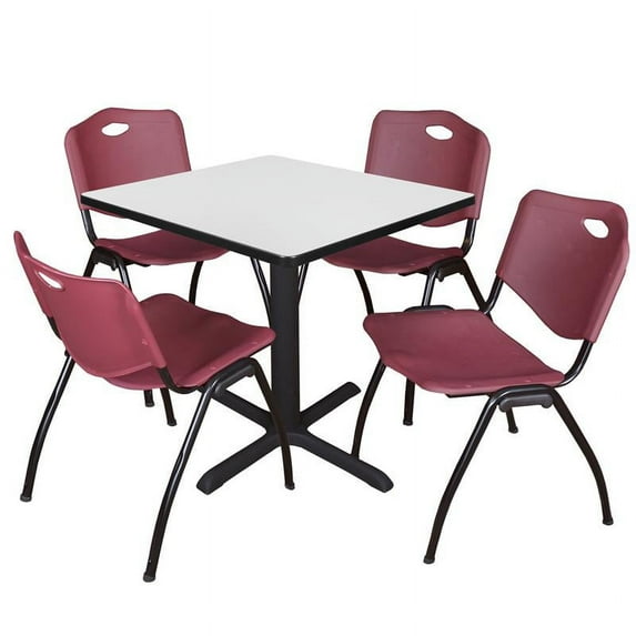 Regency Cain 30 in. Square Breakroom Table- White & 4 M Stack Chairs- Burgundy