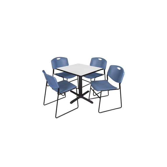 Regency Cain 30 in. Square Breakroom Table- White & 4 Zeng Stack Chairs- Blue
