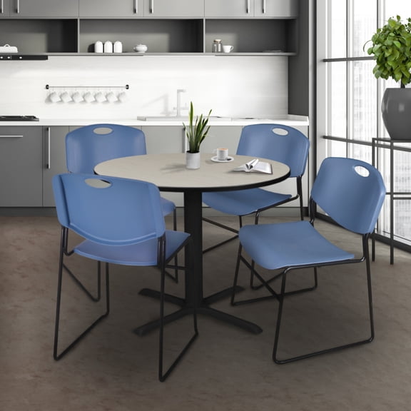 Cain 36" Round Breakroom Table- Maple & 4 Zeng Stack Chairs- Blue