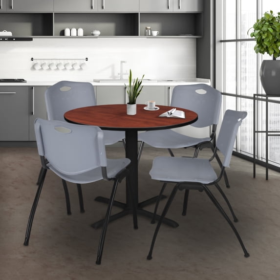 Cain 36" Round Breakroom Table- Cherry & 4 'M' Stack Chairs- Grey