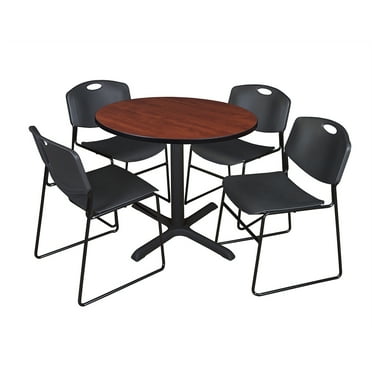 Regency Cain 36" Round Breakroom Table- Cherry & 4 Zeng Stack Chairs- Black