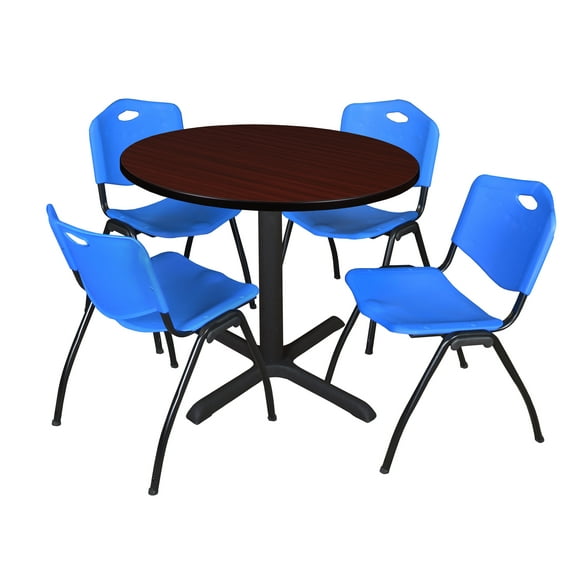 Cain 36" Round Breakroom Table- Mahogany & 4 'M' Stack Chairs- Blue