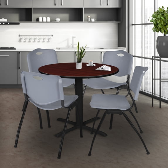 Cain 36" Round Breakroom Table- Mahogany & 4 'M' Stack Chairs- Grey