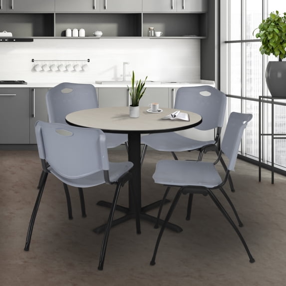 Regency Cain 36 in. Round X-Base Breakroom Table- Maple & 4 M Stack Chairs- Grey