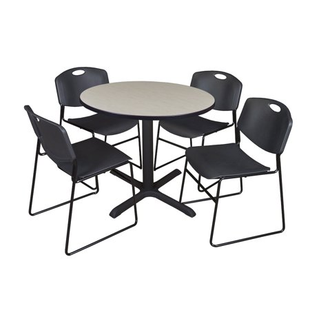 Regency 36 in. Round X-Base Breakroom Table- Maple & 4 Zeng Stack Chairs- Black