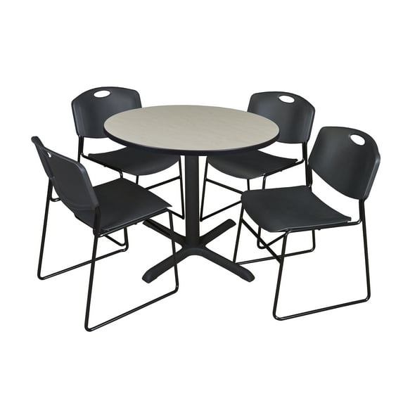 Cain 36" Round Breakroom Table- Maple and 4 Zeng Stack Chairs- Black
