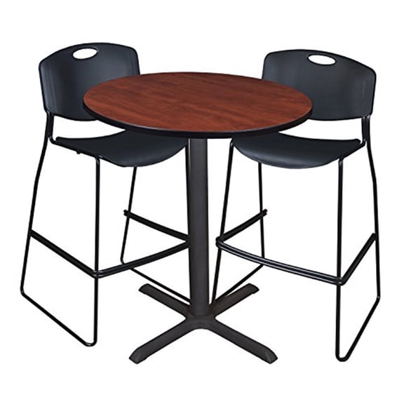 Cain 36in. Round Cafe Table- Cherry & 2 Zeng Stack Stools- Black