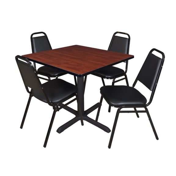 Regency Cain 36 in. Square X-Base Breakroom Table- Cherry & 4 Restaurant Stack Chairs- Black