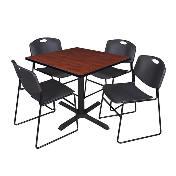 Regency 36 in. Square X-Base Breakroom Table- Cherry & 4 Zeng Stack Chairs- Black